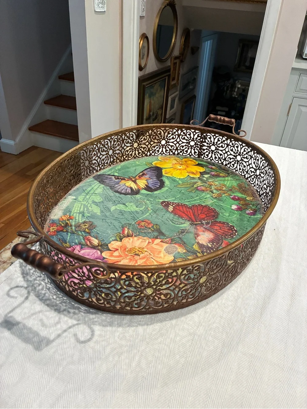 Pier 1 Imports Green Butterfly and Floral Metal Serving Tray
